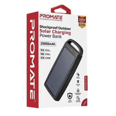 Promate Solar Power Bank 20000mAh Portable Outdoor Fast Charging 2.4A Dual USB Port